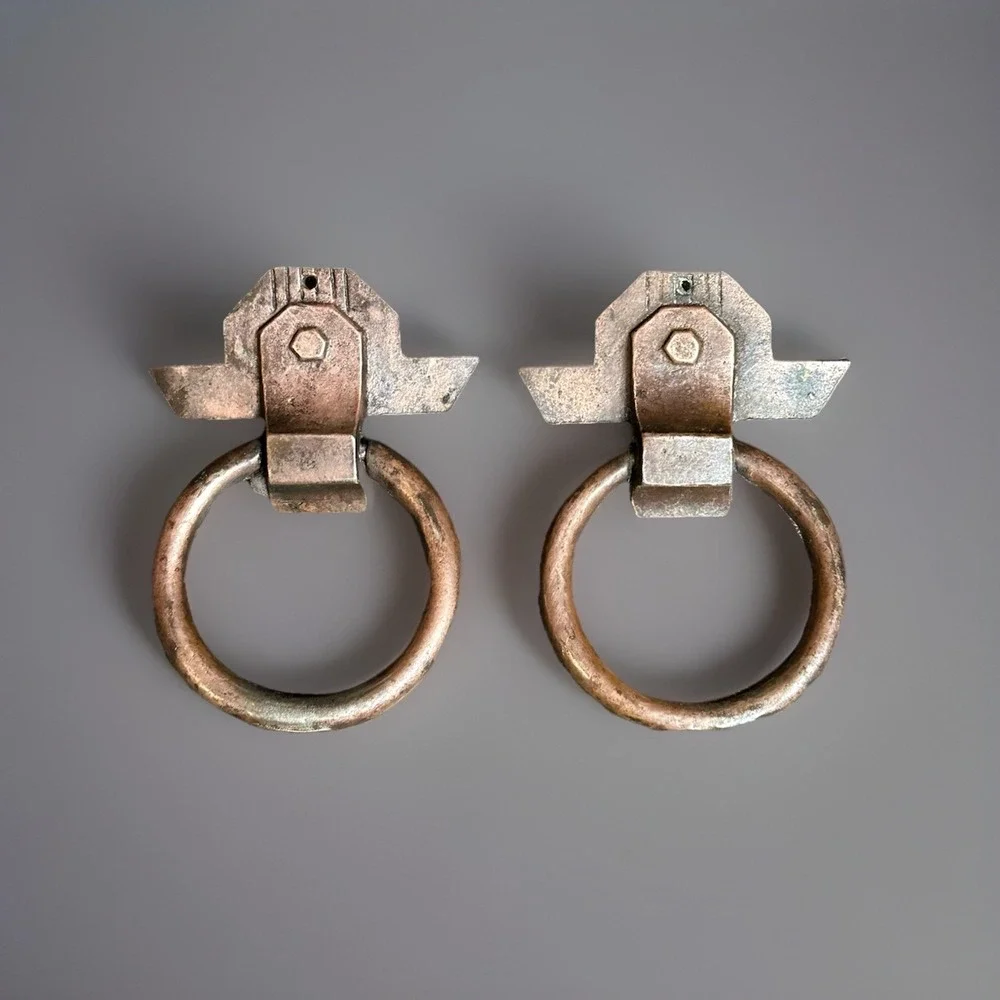 Antique Art Deco Ring Drawer Pulls Set of‎ 2 Copper Brass Tone Cabinet Hardware